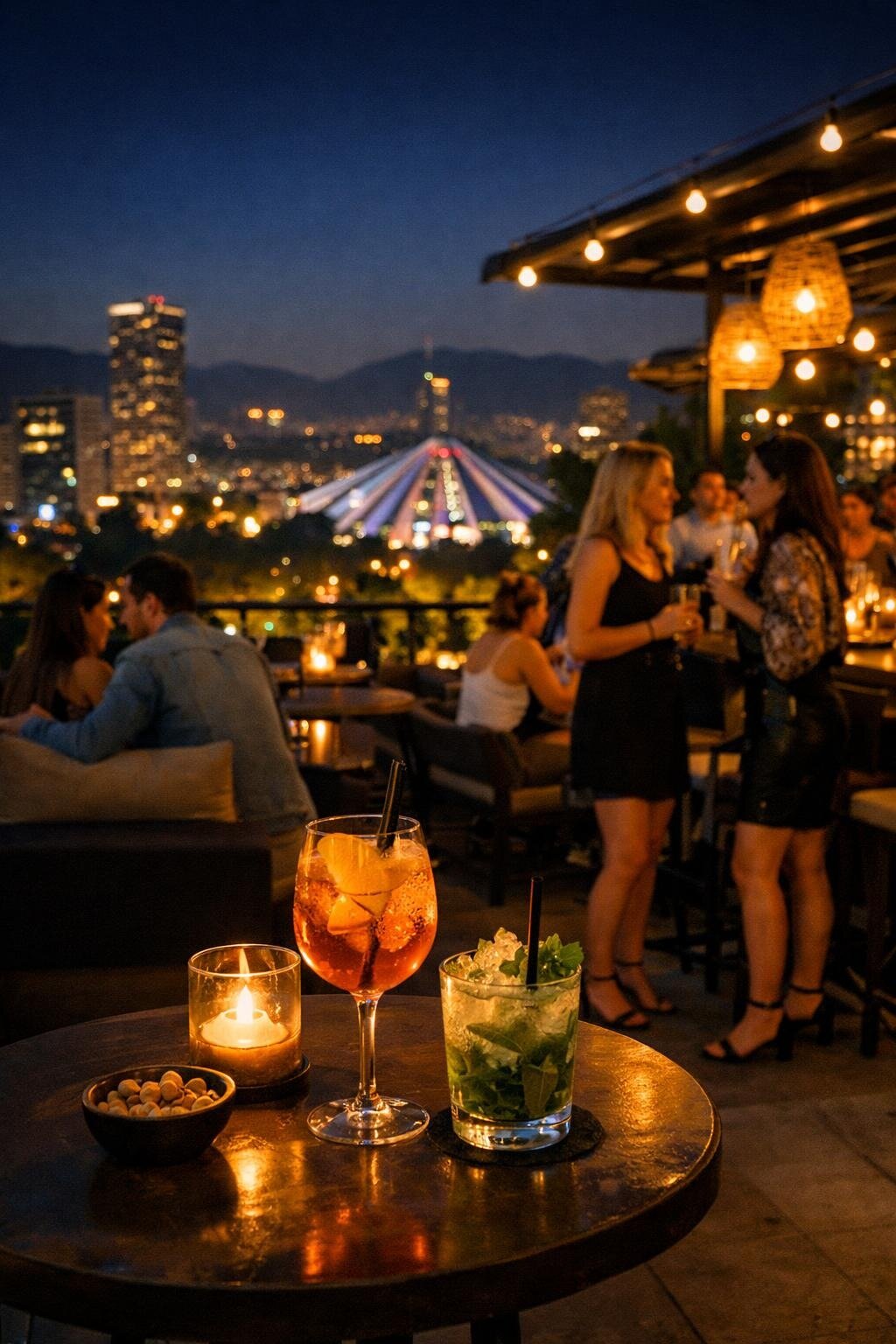 Tirana rooftop bar at night with the illuminated city skyline