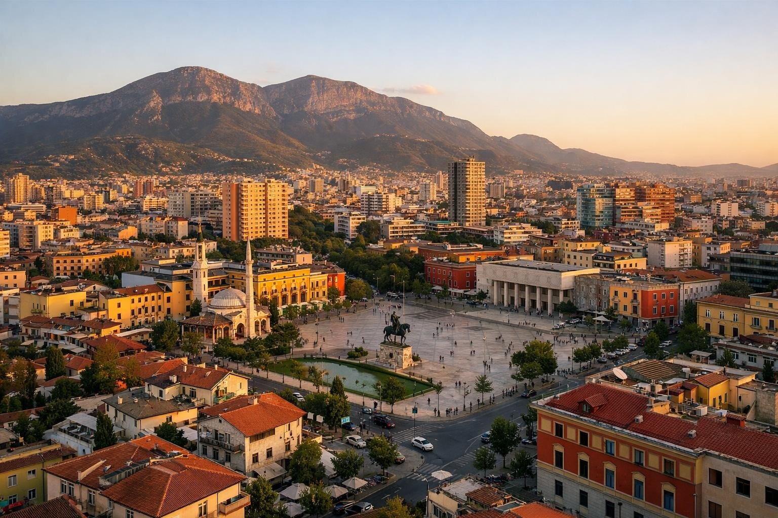 Tirana skyline at golden hour — Skanderbeg Square and the colourful city spread below Dajti mountain