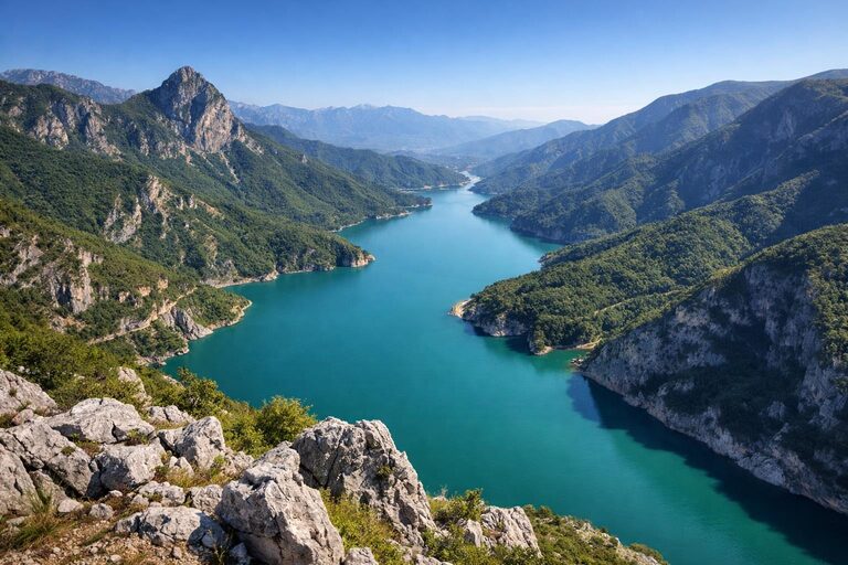 Bovilla Lake — turquoise mountain reservoir near Tirana
