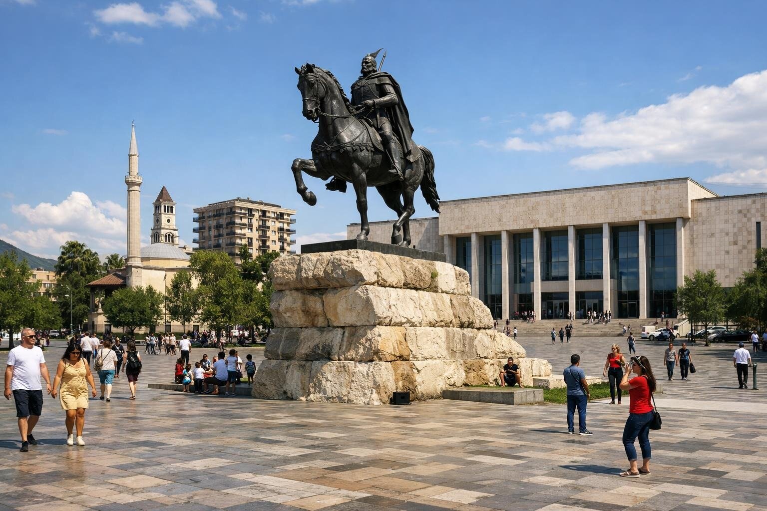 Skanderbeg Square with the equestrian statue and National Museum